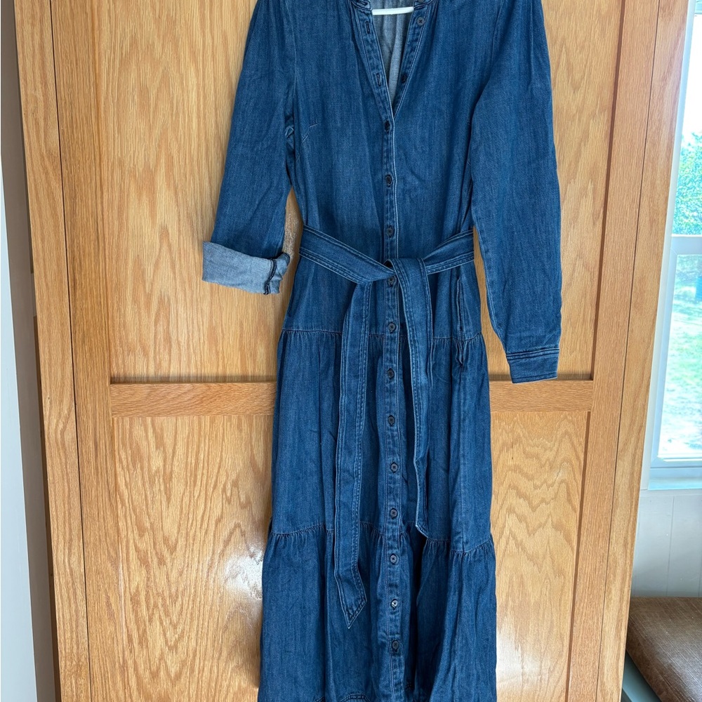 Boden Blue Denim Button-Front Maxi Dress with Waist Tie